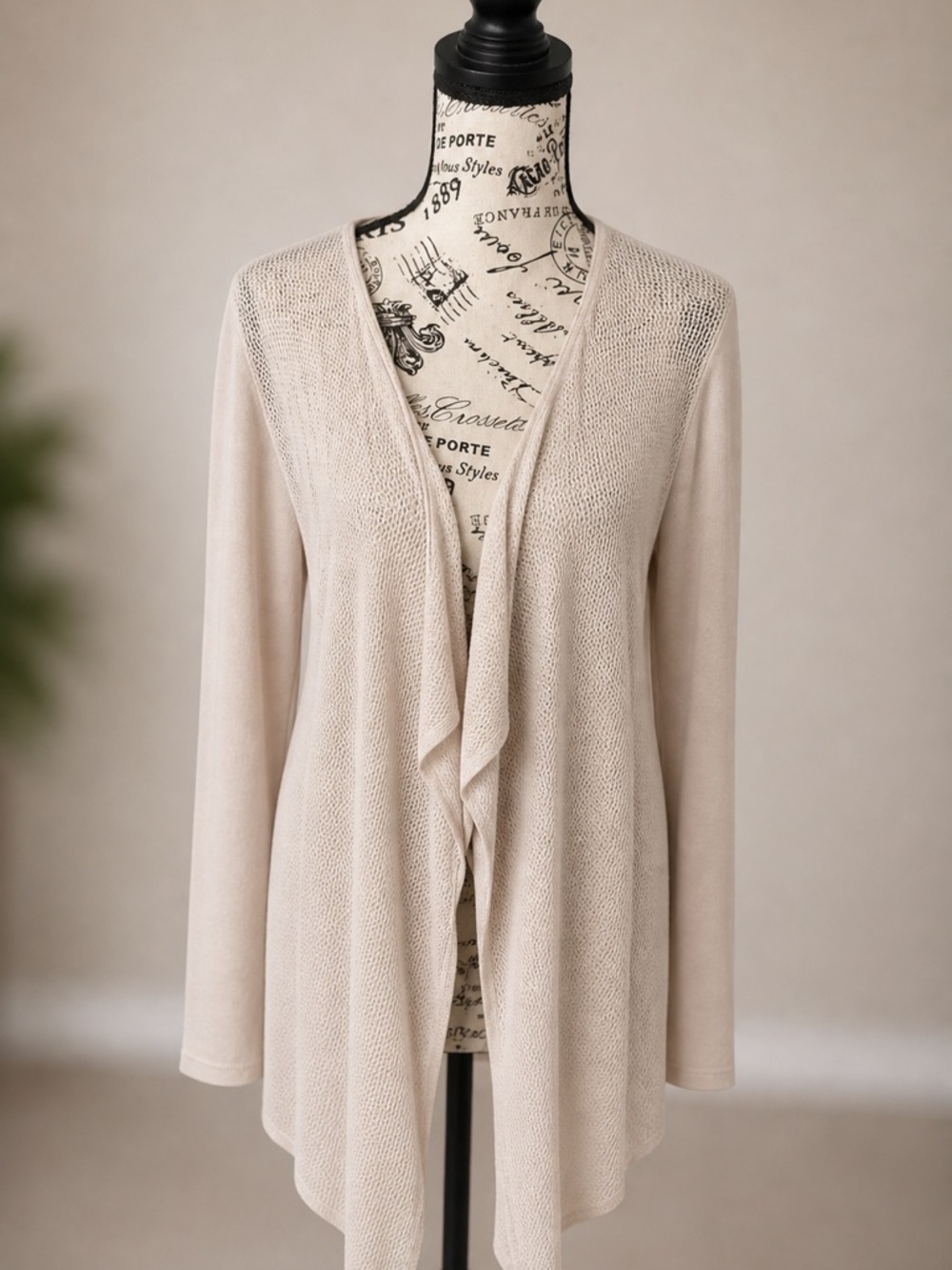 Women's Light Beige Open-Front Draped Cardigan Sweater